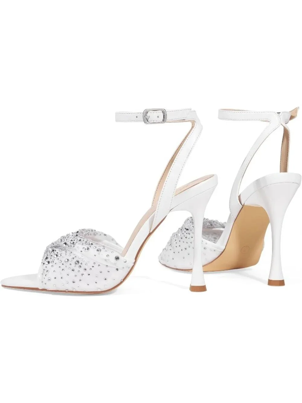 Women's White Mesh Rhinestone 4 Inch Strappy High Heels Sandals Pointed Open Toe